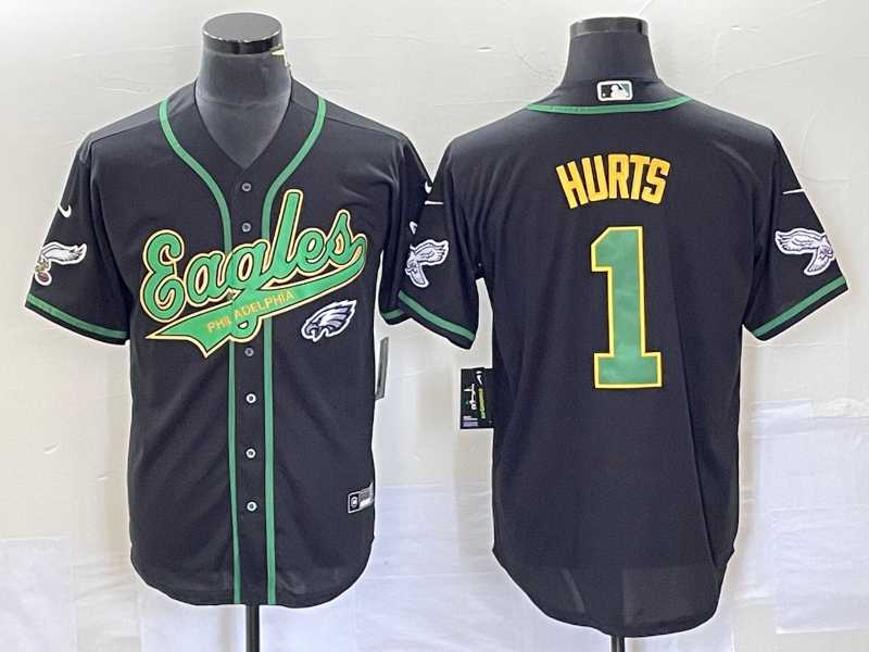 Mens Philadelphia Eagles 1 Jalen Hurts Black Cool Base Stitched Baseball Jersey